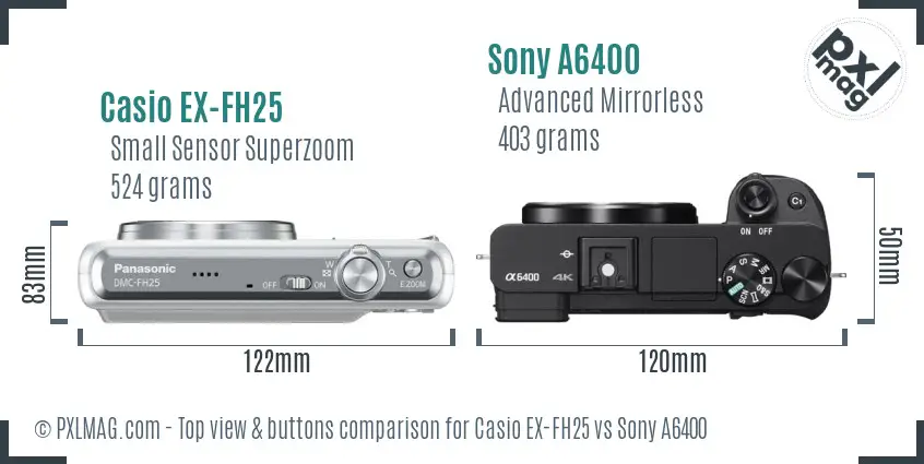 Casio EX-FH25 vs Sony A6400 top view buttons comparison Casio EX-FH25 vs Sony A6400 top view buttons comparison