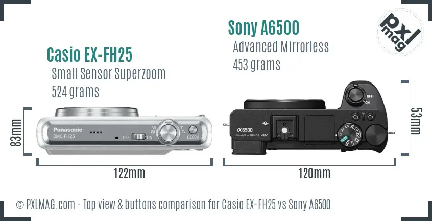 Casio EX-FH25 vs Sony A6500 top view buttons comparison Casio EX-FH25 vs Sony A6500 top view buttons comparison