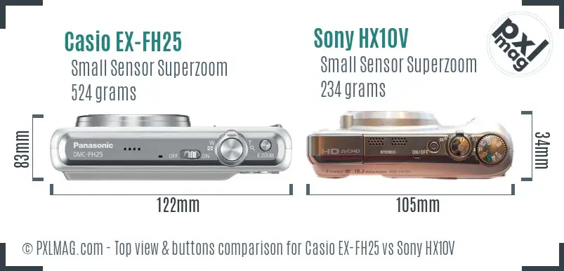 Casio EX-FH25 vs Sony HX10V top view buttons comparison Casio EX-FH25 vs Sony HX10V top view buttons comparison