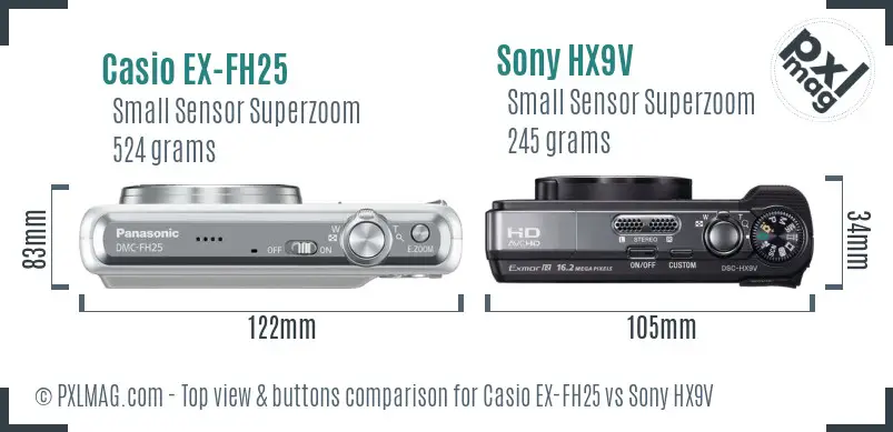 Casio EX-FH25 vs Sony HX9V top view buttons comparison Casio EX-FH25 vs Sony HX9V top view buttons comparison