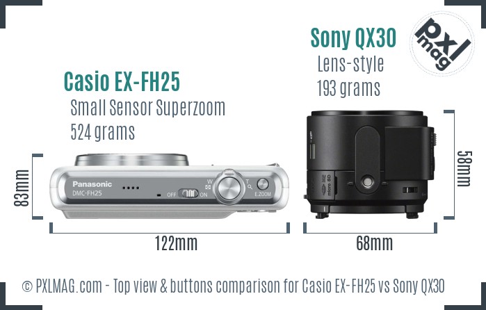 Casio EX-FH25 vs Sony QX30 top view buttons comparison