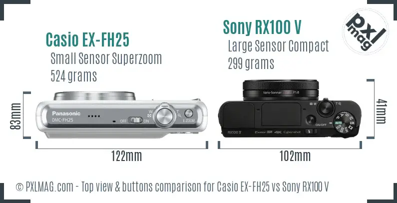 Casio EX-FH25 vs Sony RX100 V top view buttons comparison