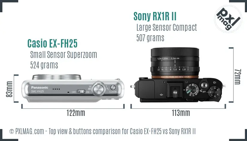 Casio EX-FH25 vs Sony RX1R II top view buttons comparison