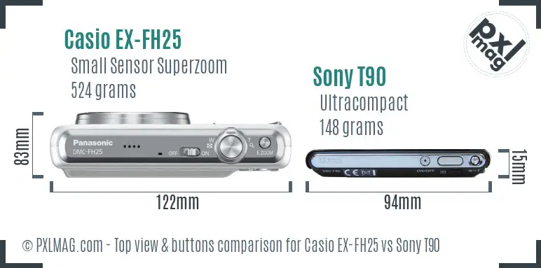 Casio EX-FH25 vs Sony T90 top view buttons comparison Casio EX-FH25 vs Sony T90 top view buttons comparison