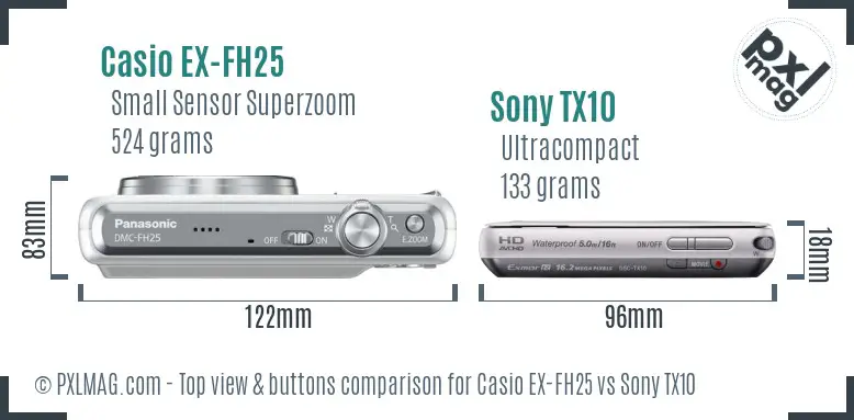 Casio EX-FH25 vs Sony TX10 top view buttons comparison Casio EX-FH25 vs Sony TX10 top view buttons comparison