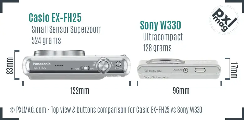 Casio EX-FH25 vs Sony W330 top view buttons comparison Casio EX-FH25 vs Sony W330 top view buttons comparison