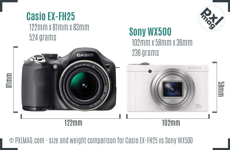 Casio EX-FH25 vs Sony WX500 size comparison
