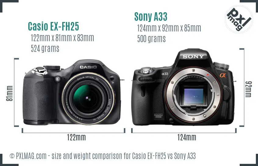 Casio EX-FH25 vs Sony A33 size comparison