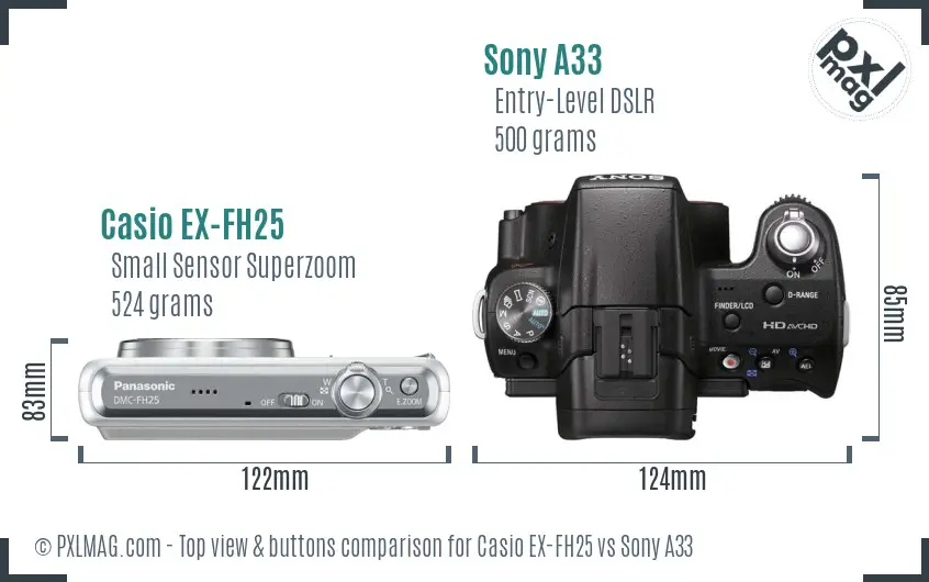 Casio EX-FH25 vs Sony A33 top view buttons comparison