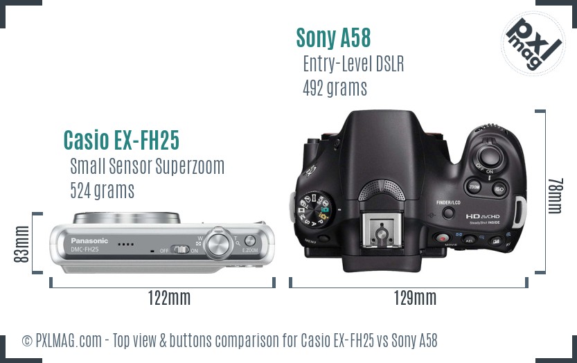 Casio EX-FH25 vs Sony A58 top view buttons comparison
