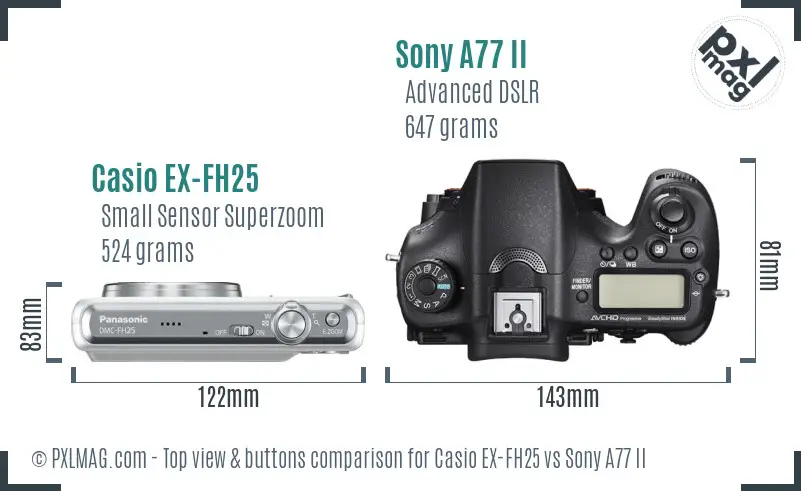 Casio EX-FH25 vs Sony A77 II top view buttons comparison