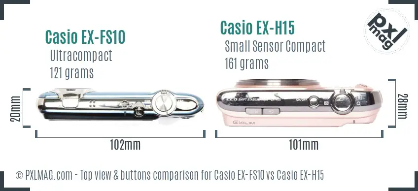 Casio EX-FS10 vs Casio EX-H15 top view buttons comparison