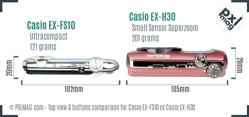 Casio EX-FS10 vs Casio EX-H30 top view buttons comparison