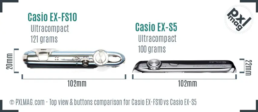 Casio EX-FS10 vs Casio EX-S5 top view buttons comparison