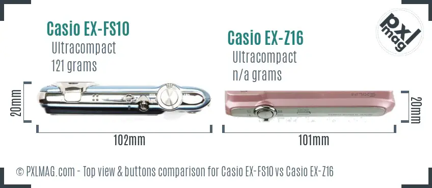 Casio EX-FS10 vs Casio EX-Z16 top view buttons comparison