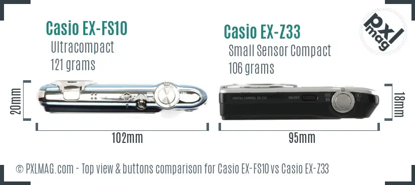 Casio EX-FS10 vs Casio EX-Z33 top view buttons comparison