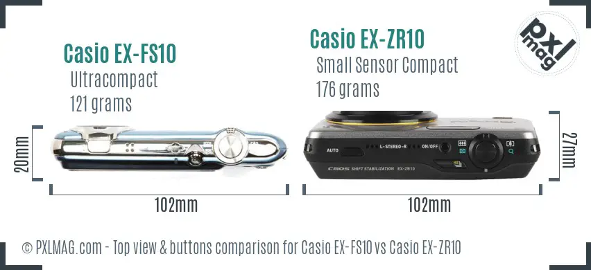 Casio EX-FS10 vs Casio EX-ZR10 top view buttons comparison