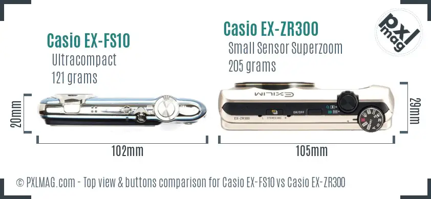 Casio EX-FS10 vs Casio EX-ZR300 top view buttons comparison
