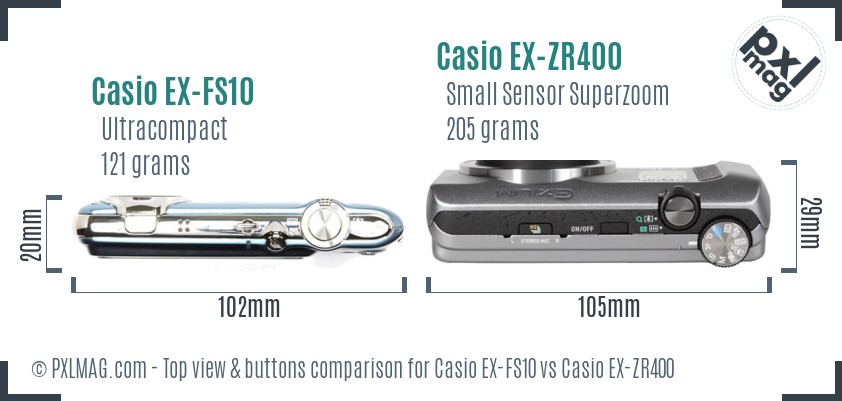 Casio EX-FS10 vs Casio EX-ZR400 top view buttons comparison