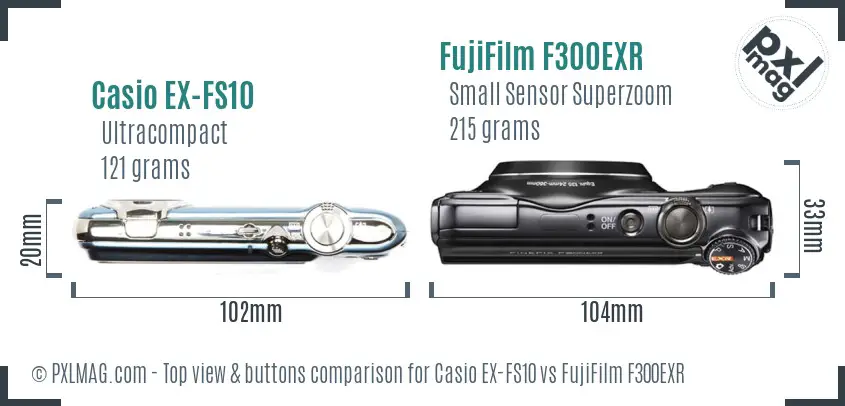 Casio EX-FS10 vs FujiFilm F300EXR top view buttons comparison Casio EX-FS10 vs FujiFilm F300EXR top view buttons comparison
