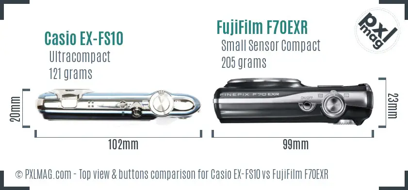 Casio EX-FS10 vs FujiFilm F70EXR top view buttons comparison Casio EX-FS10 vs FujiFilm F70EXR top view buttons comparison