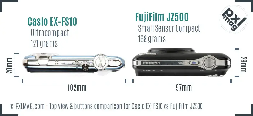 Casio EX-FS10 vs FujiFilm JZ500 top view buttons comparison