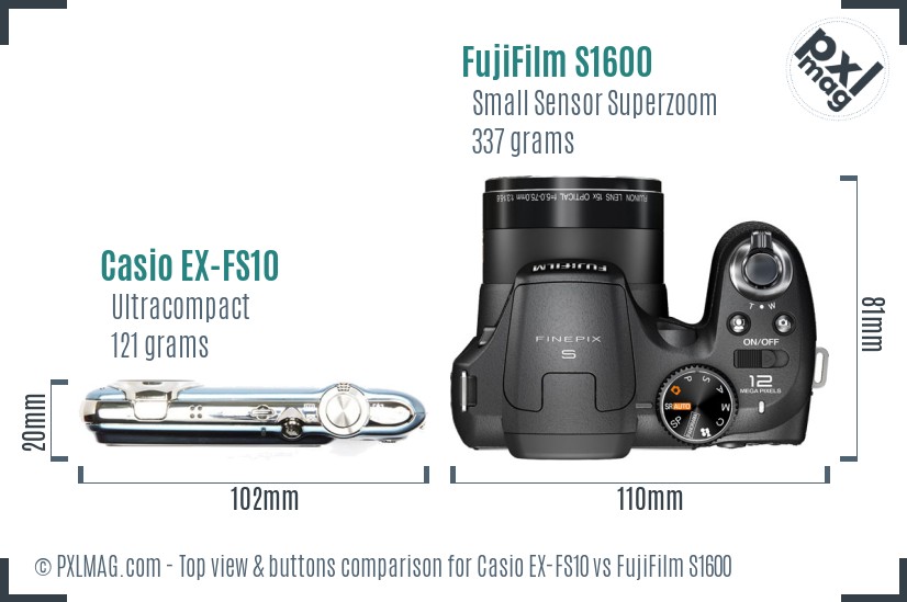 Casio EX-FS10 vs FujiFilm S1600 top view buttons comparison