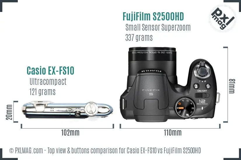 Casio EX-FS10 vs FujiFilm S2500HD top view buttons comparison