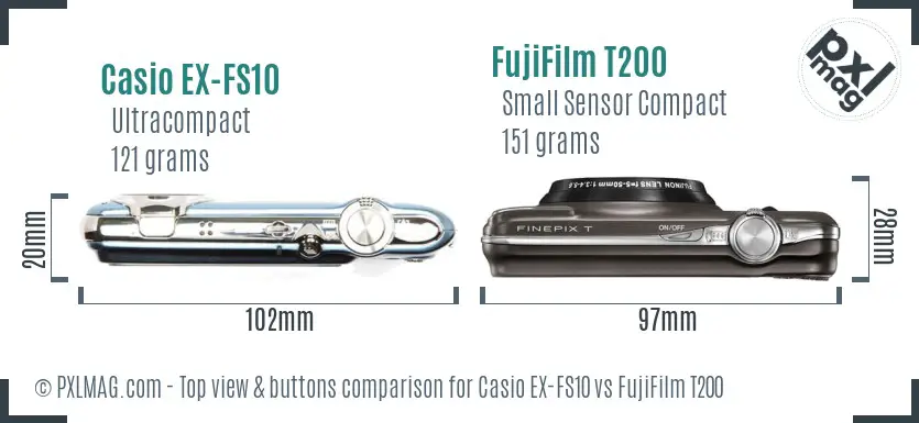 Casio EX-FS10 vs FujiFilm T200 top view buttons comparison Casio EX-FS10 vs FujiFilm T200 top view buttons comparison