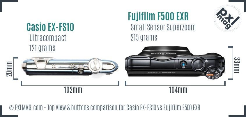 Casio EX-FS10 vs Fujifilm F500 EXR top view buttons comparison