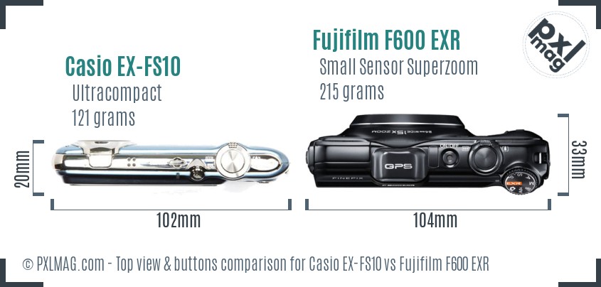 Casio EX-FS10 vs Fujifilm F600 EXR top view buttons comparison