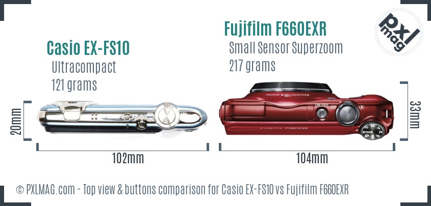 Casio EX-FS10 vs Fujifilm F660EXR top view buttons comparison