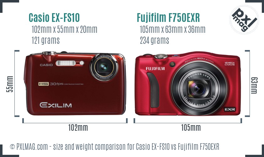 Casio EX-FS10 vs Fujifilm F750EXR size comparison Casio EX-FS10 vs Fujifilm F750EXR size comparison