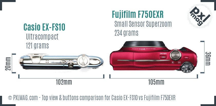 Casio EX-FS10 vs Fujifilm F750EXR top view buttons comparison
