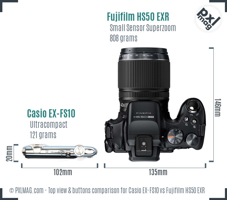 Casio EX-FS10 vs Fujifilm HS50 EXR top view buttons comparison