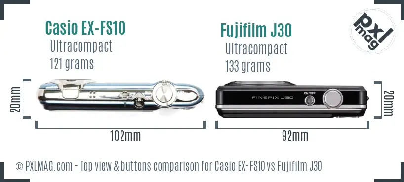 Casio EX-FS10 vs Fujifilm J30 top view buttons comparison Casio EX-FS10 vs Fujifilm J30 top view buttons comparison