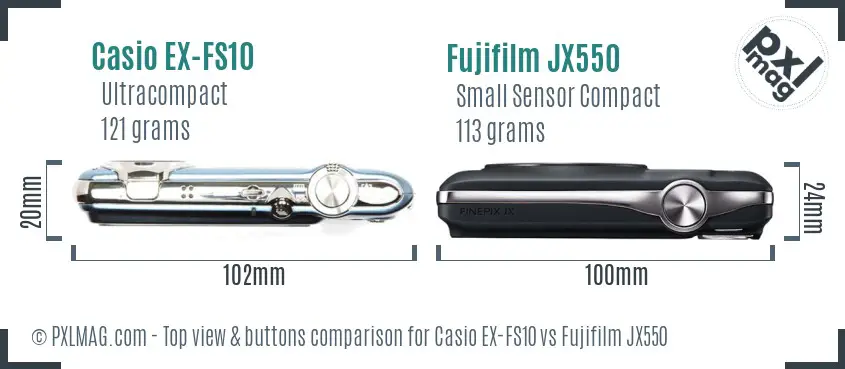 Casio EX-FS10 vs Fujifilm JX550 top view buttons comparison Casio EX-FS10 vs Fujifilm JX550 top view buttons comparison
