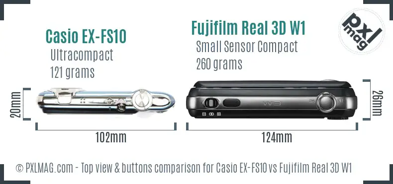 Casio EX-FS10 vs Fujifilm Real 3D W1 top view buttons comparison