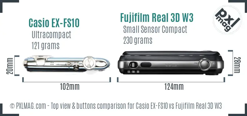 Casio EX-FS10 vs Fujifilm Real 3D W3 top view buttons comparison