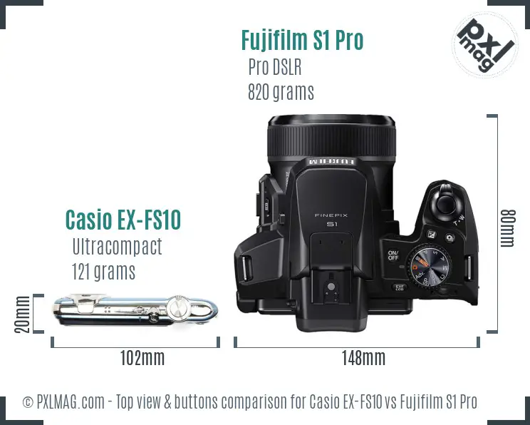 Casio EX-FS10 vs Fujifilm S1 Pro top view buttons comparison