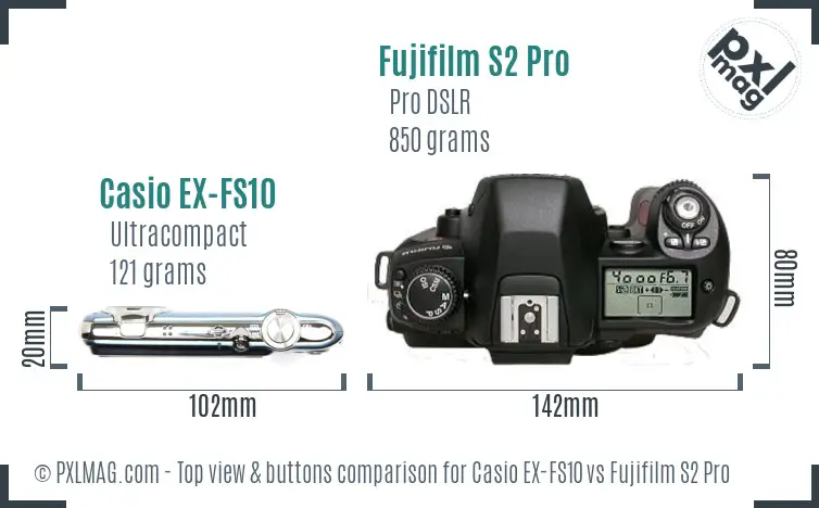 Casio EX-FS10 vs Fujifilm S2 Pro top view buttons comparison