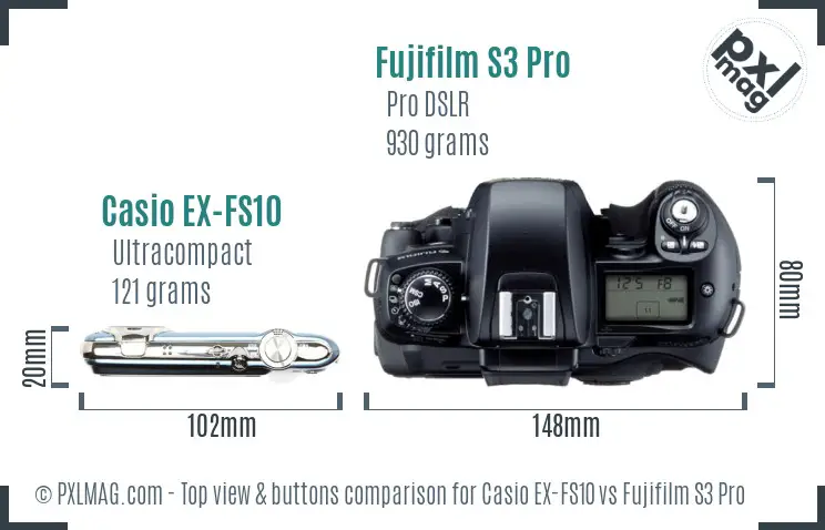 Casio EX-FS10 vs Fujifilm S3 Pro top view buttons comparison Casio EX-FS10 vs Fujifilm S3 Pro top view buttons comparison