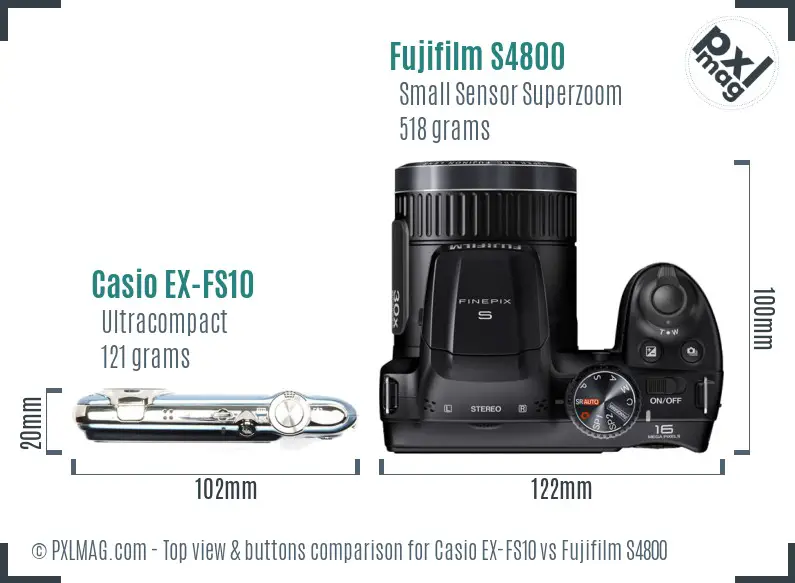 Casio EX-FS10 vs Fujifilm S4800 top view buttons comparison Casio EX-FS10 vs Fujifilm S4800 top view buttons comparison