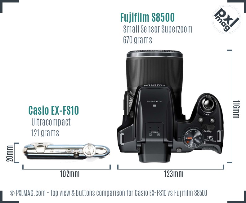 Casio EX-FS10 vs Fujifilm S8500 top view buttons comparison