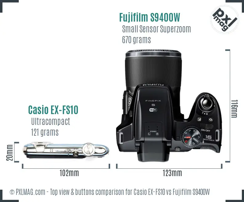 Casio EX-FS10 vs Fujifilm S9400W top view buttons comparison Casio EX-FS10 vs Fujifilm S9400W top view buttons comparison