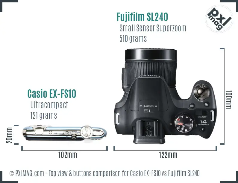 Casio EX-FS10 vs Fujifilm SL240 top view buttons comparison