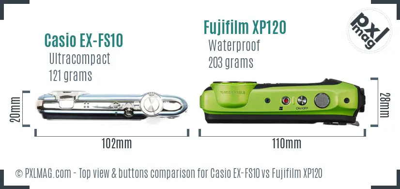 Casio EX-FS10 vs Fujifilm XP120 top view buttons comparison