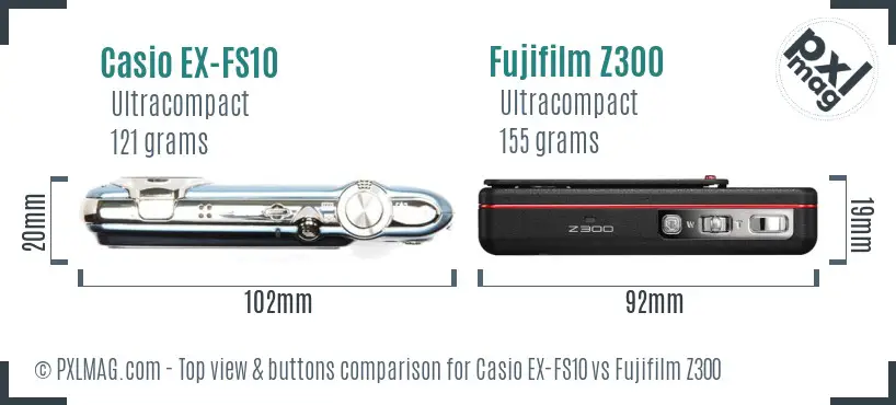 Casio EX-FS10 vs Fujifilm Z300 top view buttons comparison Casio EX-FS10 vs Fujifilm Z300 top view buttons comparison