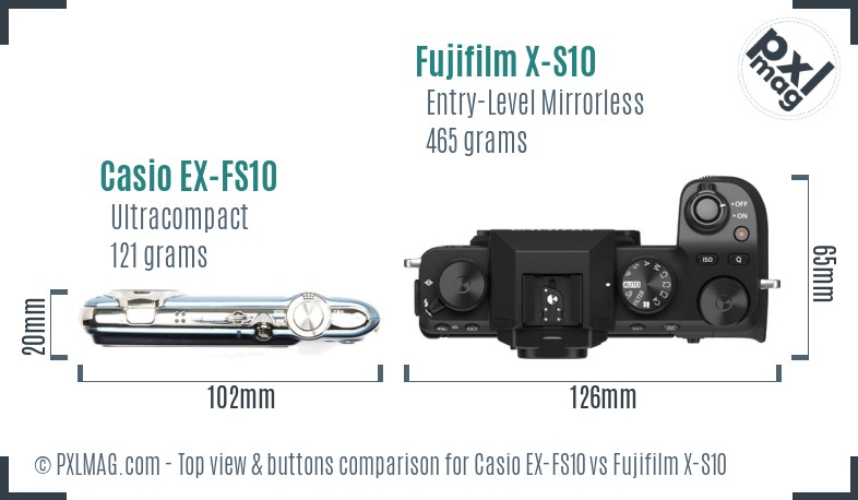 Casio EX-FS10 vs Fujifilm X-S10 top view buttons comparison