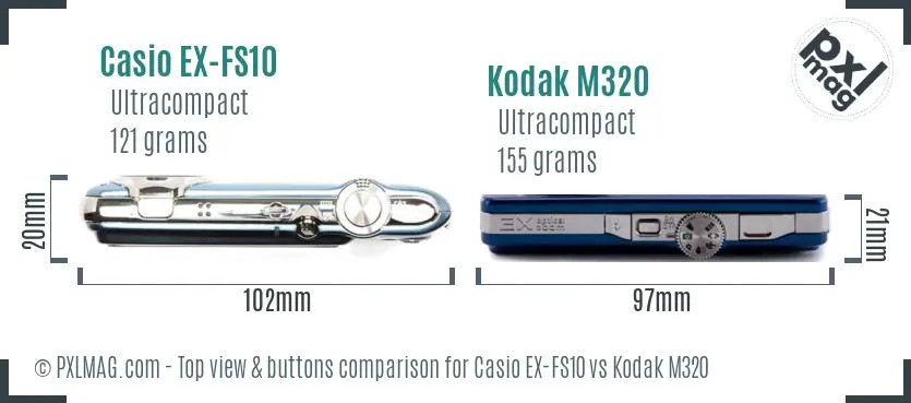 Casio EX-FS10 vs Kodak M320 top view buttons comparison Casio EX-FS10 vs Kodak M320 top view buttons comparison